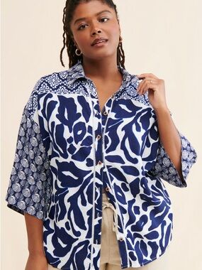 Anthropologie Short-Sleeve Printed Linen Buttondown Shirt